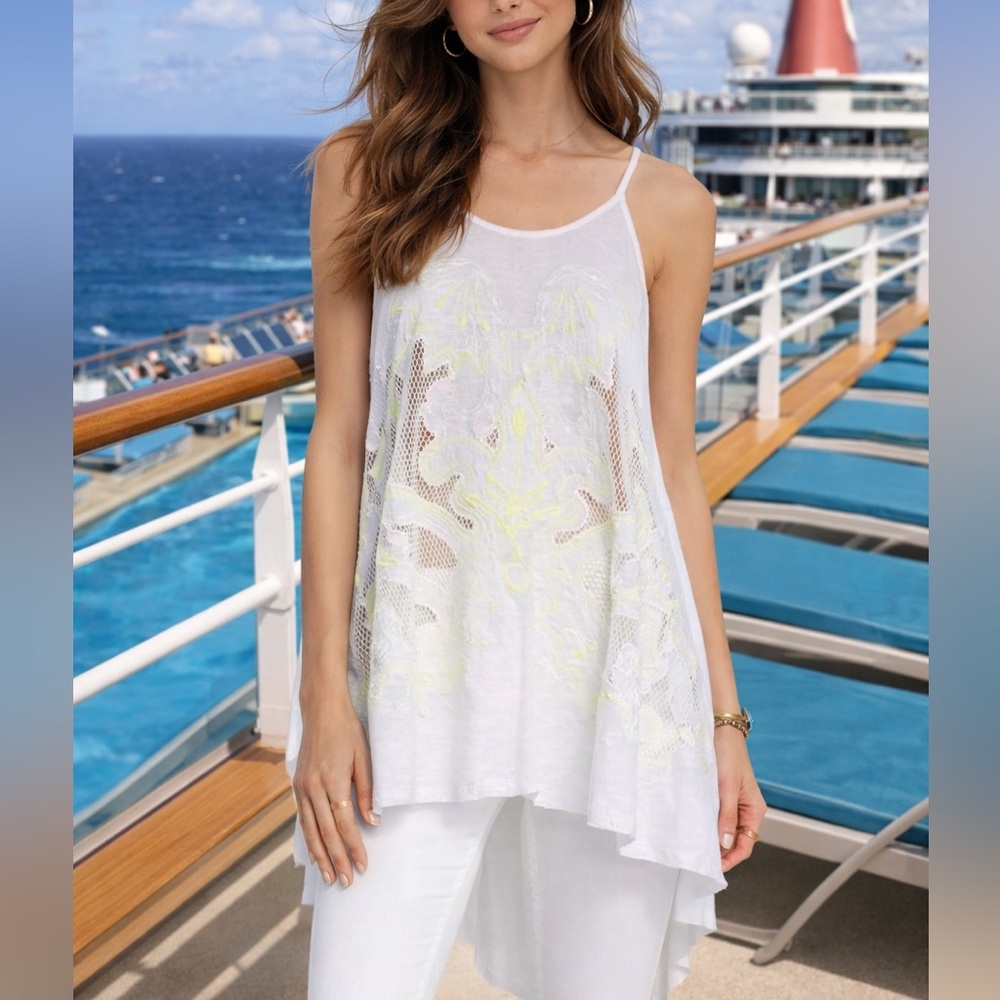 Free People Hi-Low Floral Lace Tank White